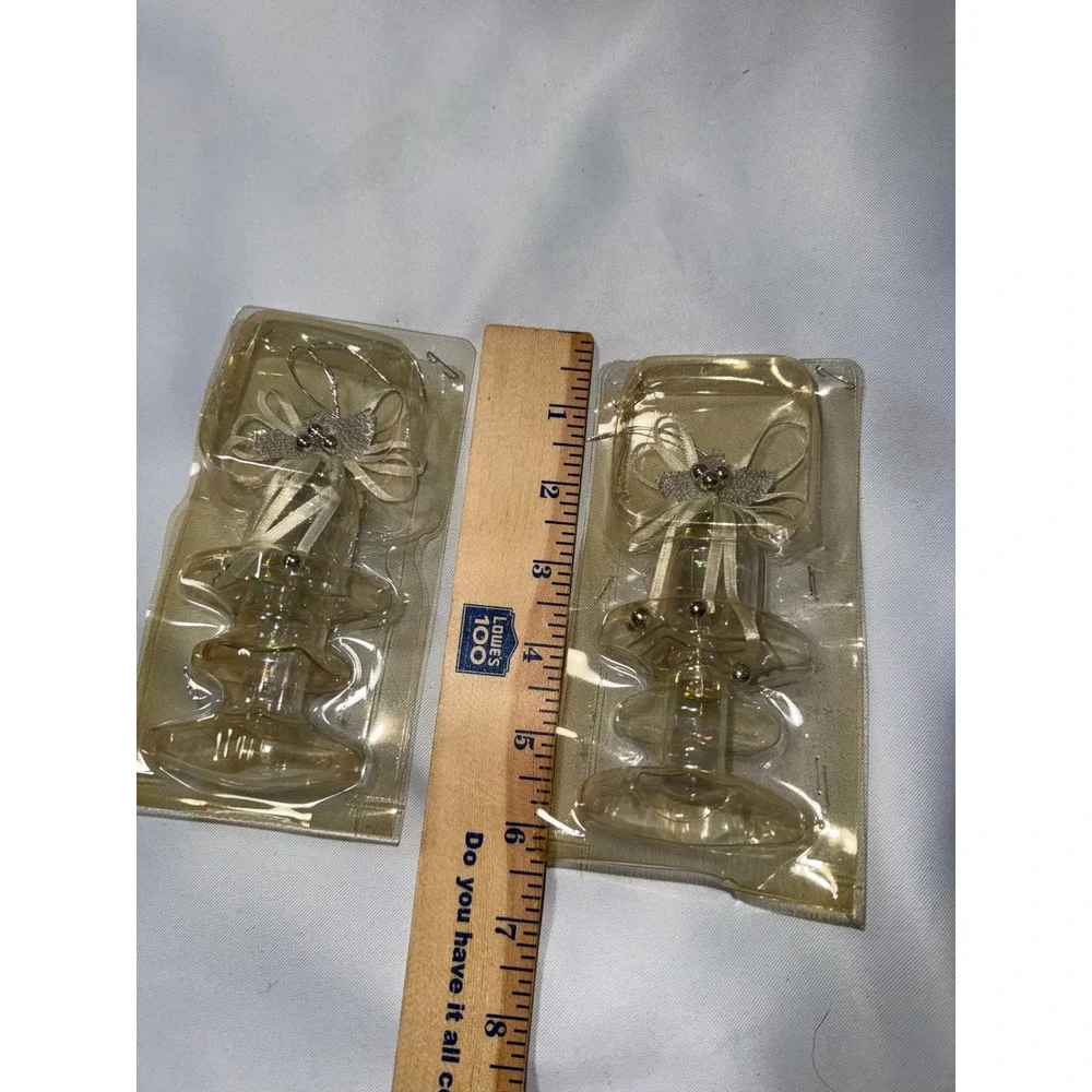 Vintage Iridescent Glass Bell Christmas Ornaments Set of 2 Cream Ribbon Bows 4.5